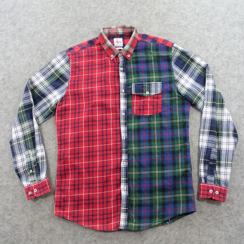 Zara Shirt Mens Medium Red Blue Button Up Shirt Long Sleeve Flannel Plaid